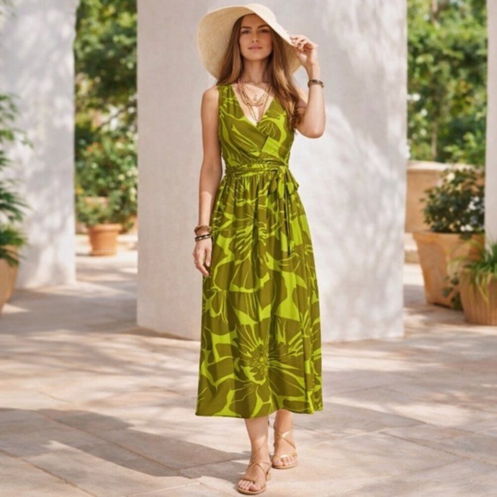 Cabi Tie Front Floral Midi Dress Green Sleeveless Style 5953 Size S Resortwear